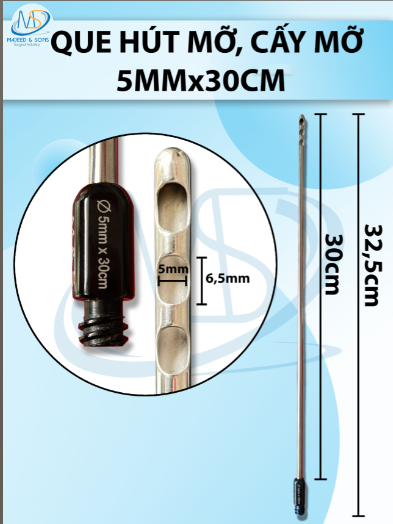 Que hút mỡ, kim hút mỡ 3 lỗ 5mm x 30cm, lỗ D6,5mm R5mm dài