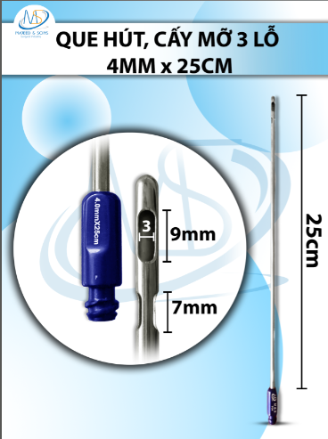 Que hút mỡ, kim hút mỡ 3 lỗ, 1 lớn 2 nhỏ 4mmx25cm, D-max 9 D-min 7 R3