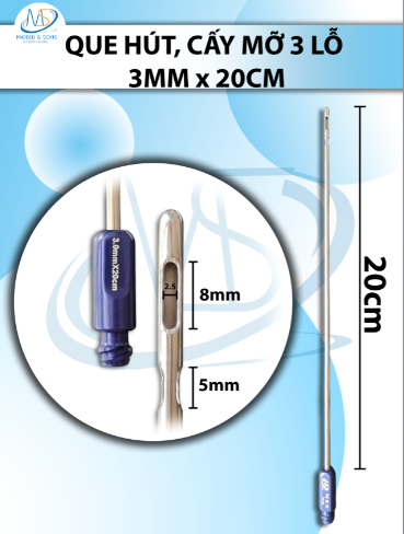 Que hút mỡ, kim hút 3 lỗ 3mmx20cm lỗ R2.5 D8 D5