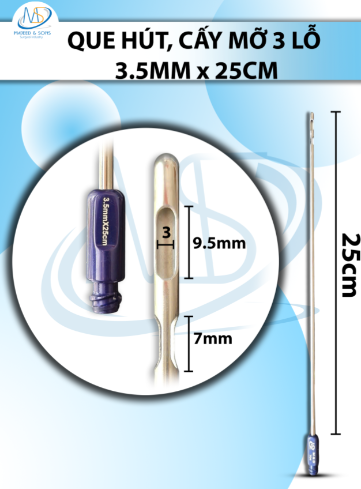 Que hút mỡ, kim hút 3 lỗ 3.5mmx25cm, lỗ R3 D9.5 D7