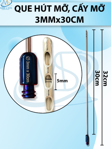 Que hút mỡ, cấy mỡ 3mm x 30cm 3 lỗ D5mm R3mm dài 32cm