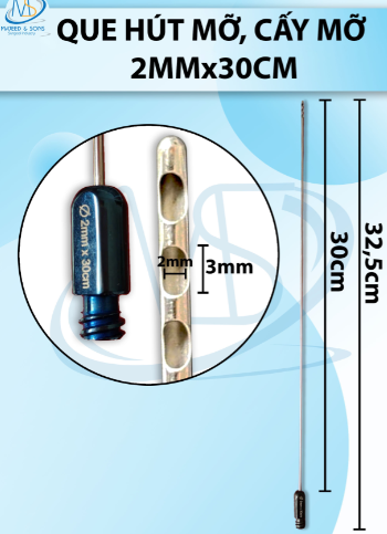 Que hút mỡ, cấy mỡ 2mm x 30cm 3 lỗ D3mm R2mm dài 32,5cm