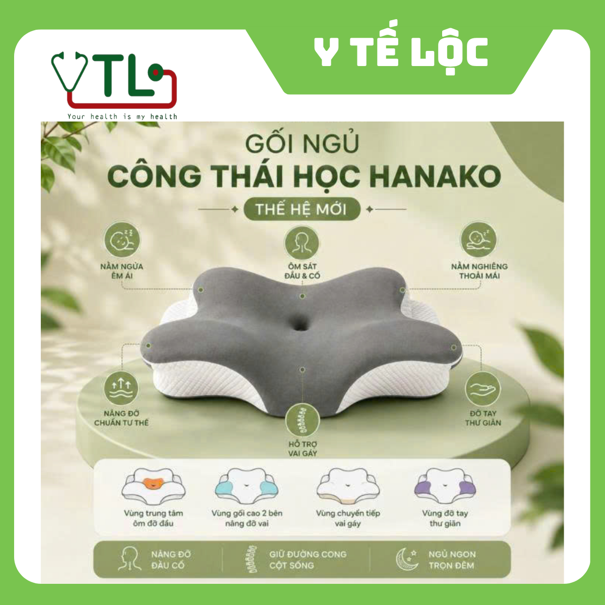 Gối Ngủ Công Thái Học HANAKO Cao Cấp Thế Hệ Mới – Nâng Đỡ Cổ Vai Gáy