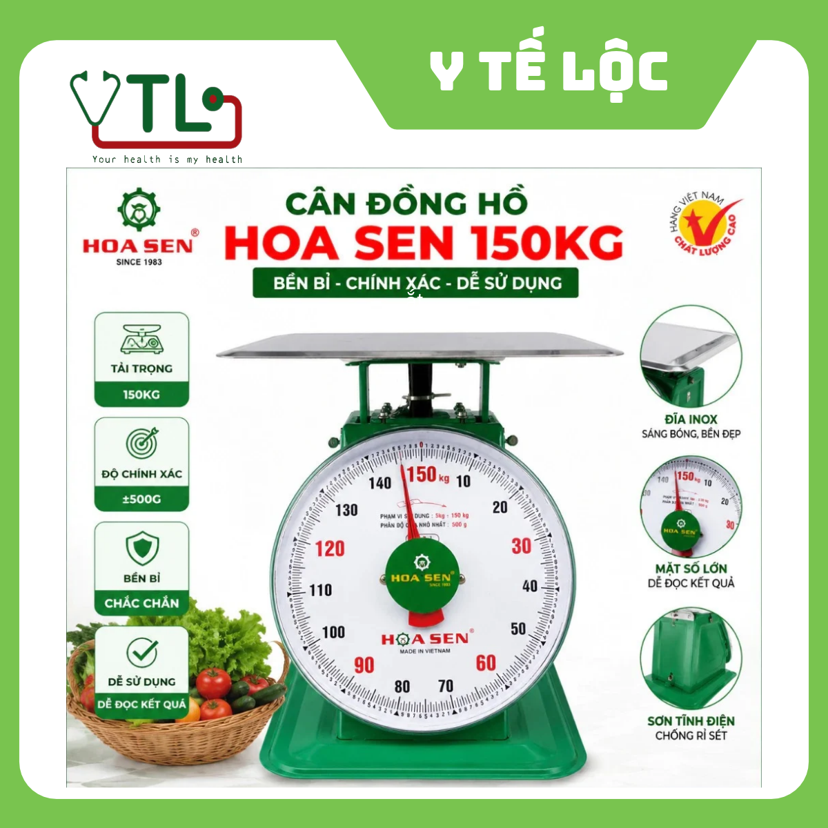 Cân Đồng Hồ Hoa Sen 150kg  Đĩa Inox Hoặc Đĩa Thép – Cân Cơ Học Mặt Số Lớn, Bền Bỉ, Dễ Sử Dụng